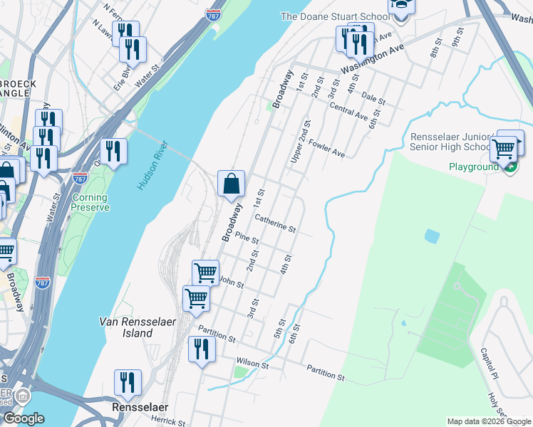 map of restaurants, bars, coffee shops, grocery stores, and more near 1303 2nd Street in Rensselaer