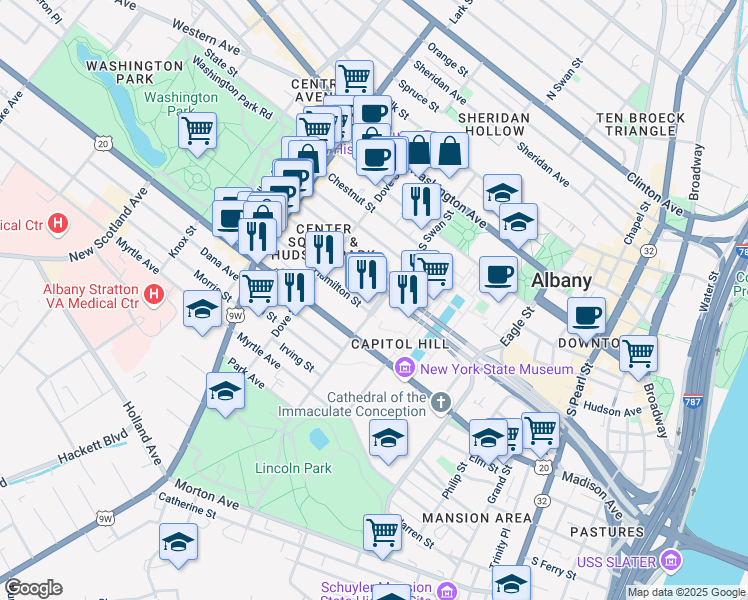 map of restaurants, bars, coffee shops, grocery stores, and more near 289 Hamilton Street in Albany