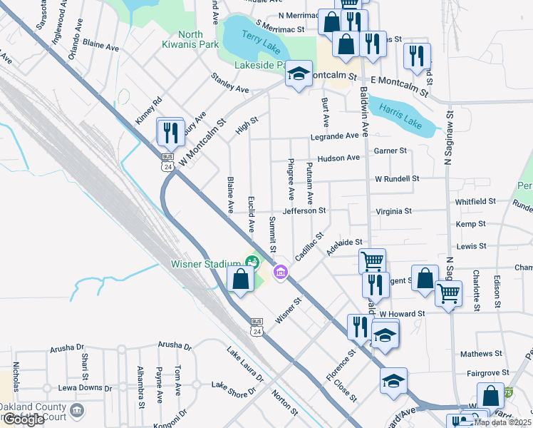 map of restaurants, bars, coffee shops, grocery stores, and more near 171 Jefferson Street in Pontiac