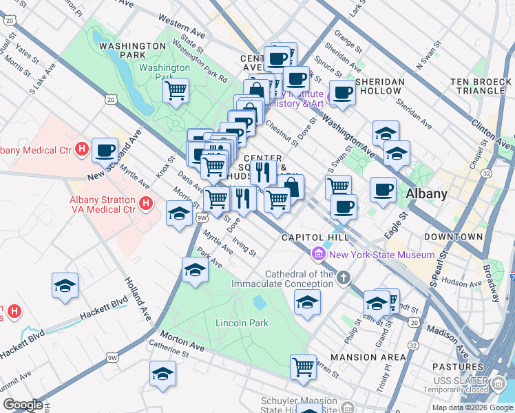 map of restaurants, bars, coffee shops, grocery stores, and more near 370 Madison Avenue in Albany