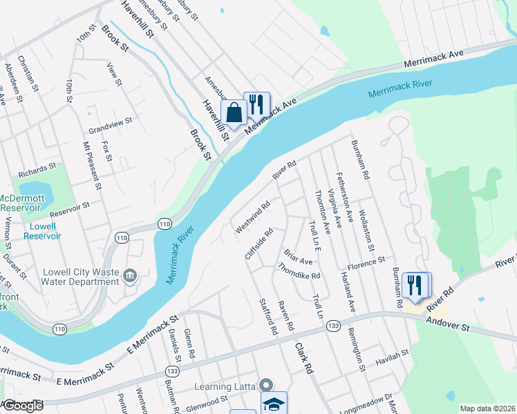 map of restaurants, bars, coffee shops, grocery stores, and more near 70 Westwind Road in Lowell