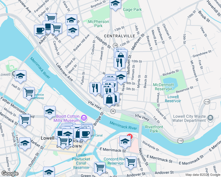 map of restaurants, bars, coffee shops, grocery stores, and more near 415 Bridge Street in Lowell