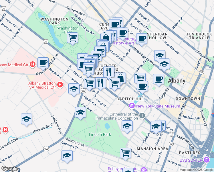 map of restaurants, bars, coffee shops, grocery stores, and more near 370 Madison Avenue in Albany