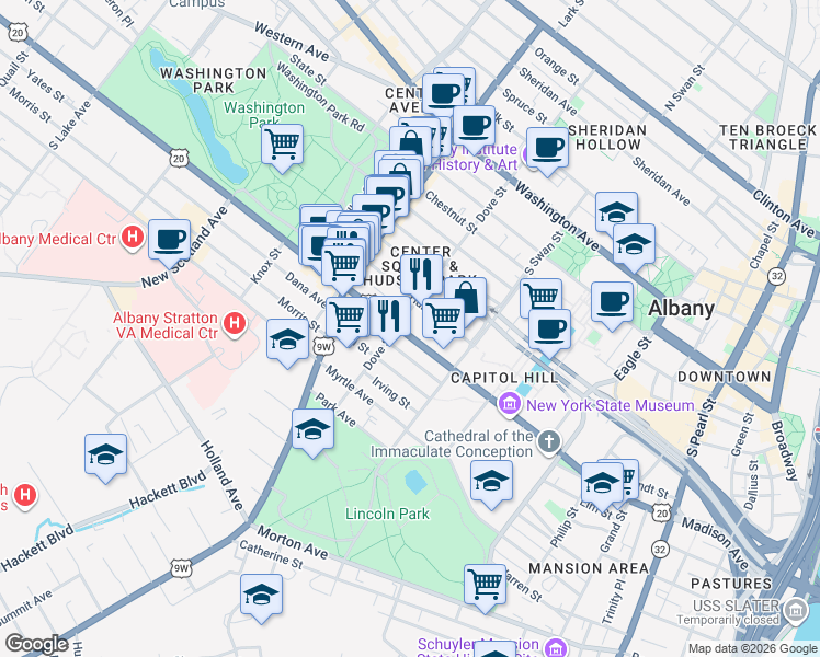 map of restaurants, bars, coffee shops, grocery stores, and more near 370 Madison Avenue in Albany