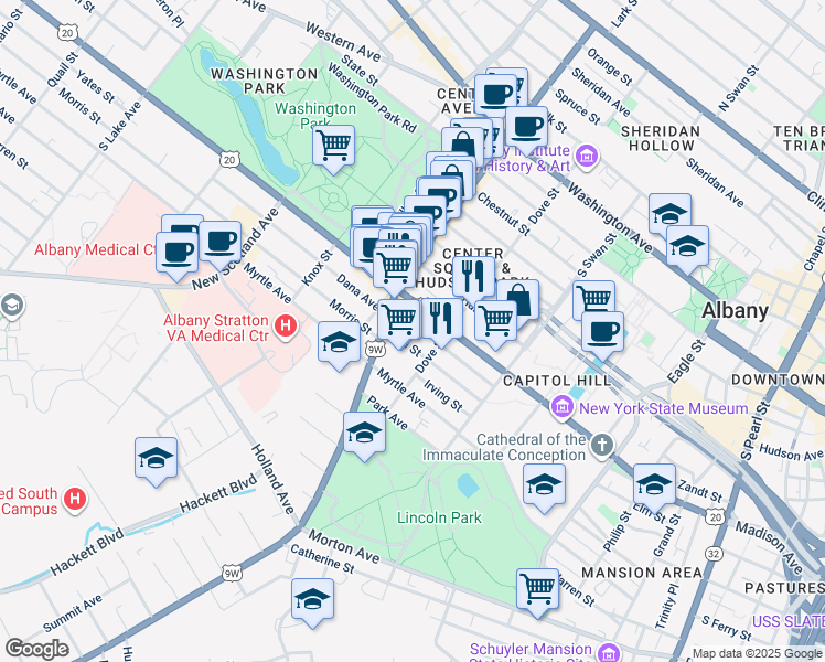 map of restaurants, bars, coffee shops, grocery stores, and more near 255 Elm Street in Albany