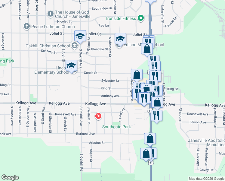 map of restaurants, bars, coffee shops, grocery stores, and more near 1914 South Chatham Street in Janesville