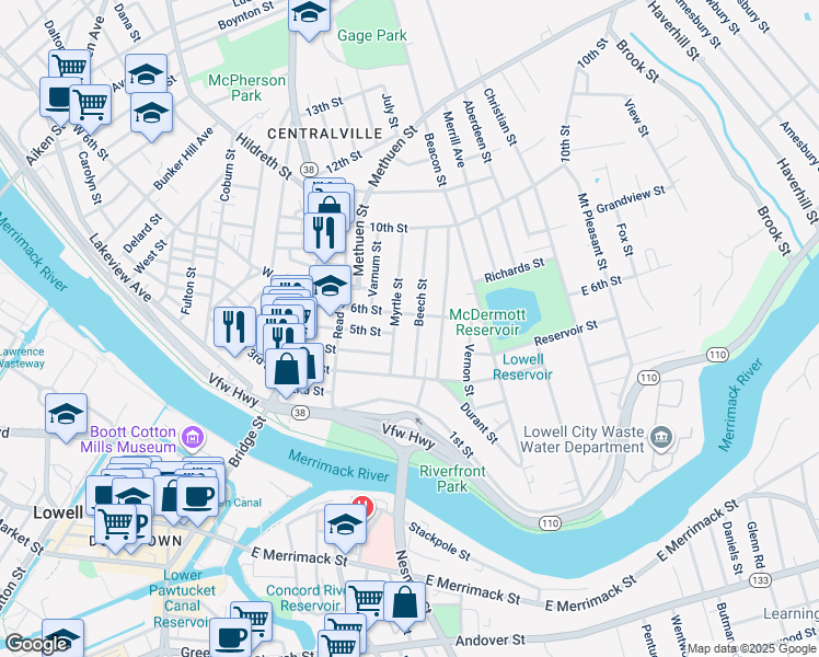 map of restaurants, bars, coffee shops, grocery stores, and more near 39 Myrtle Street in Lowell