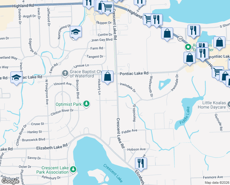 map of restaurants, bars, coffee shops, grocery stores, and more near 835 Crescent Lake Road in Waterford Township