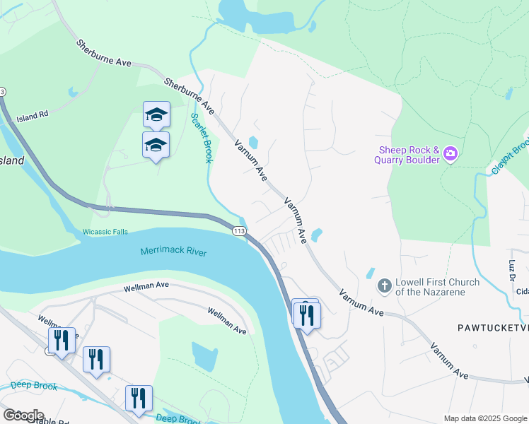 map of restaurants, bars, coffee shops, grocery stores, and more near 6 Cresta Drive in Lowell