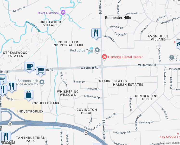 map of restaurants, bars, coffee shops, grocery stores, and more near 1161 West Hamlin Road in Rochester Hills