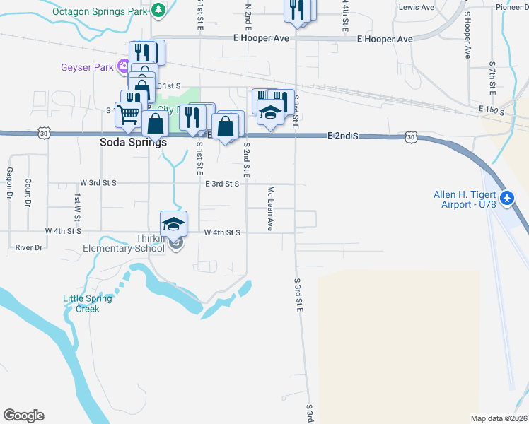 map of restaurants, bars, coffee shops, grocery stores, and more near 234 Donahue Avenue in Soda Springs