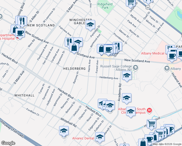 map of restaurants, bars, coffee shops, grocery stores, and more near 31 Harris Avenue in Albany