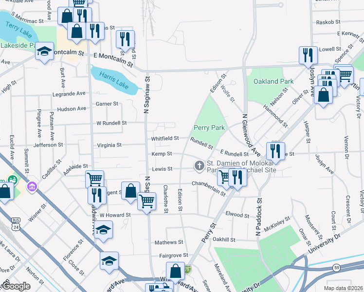 map of restaurants, bars, coffee shops, grocery stores, and more near 65 Kemp Street in Pontiac