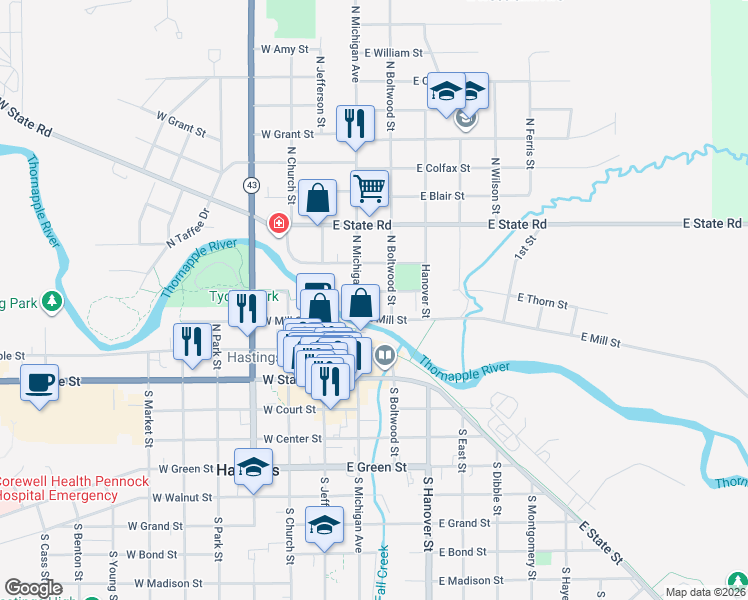map of restaurants, bars, coffee shops, grocery stores, and more near 305 North Michigan Avenue in Hastings