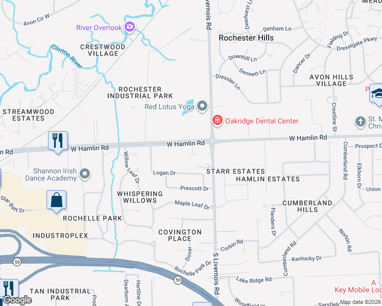 map of restaurants, bars, coffee shops, grocery stores, and more near 2040 South Livernois Road in Rochester Hills