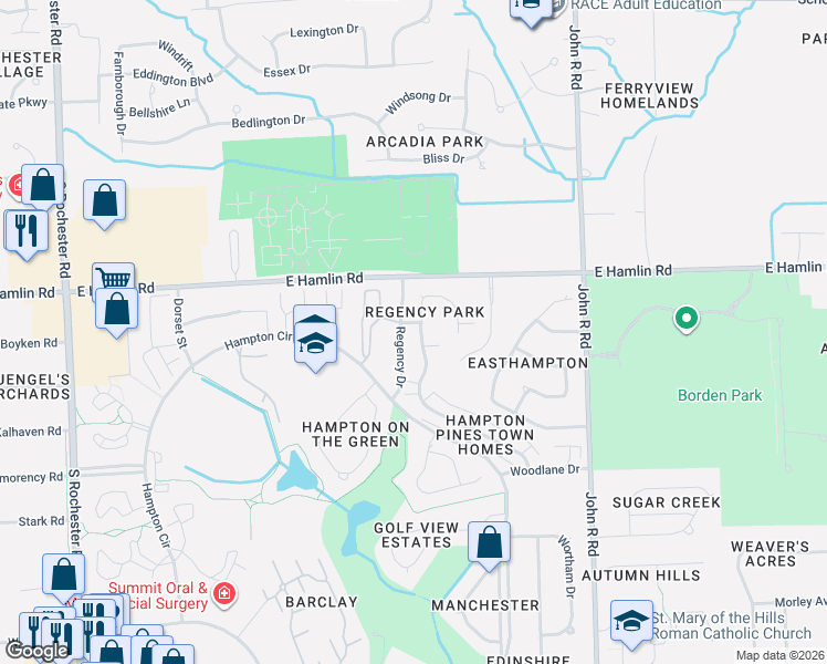 map of restaurants, bars, coffee shops, grocery stores, and more near 208 Regency Drive in Rochester Hills