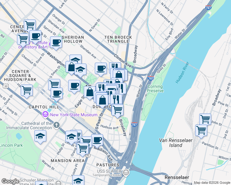 map of restaurants, bars, coffee shops, grocery stores, and more near 40 North Pearl Street in Albany