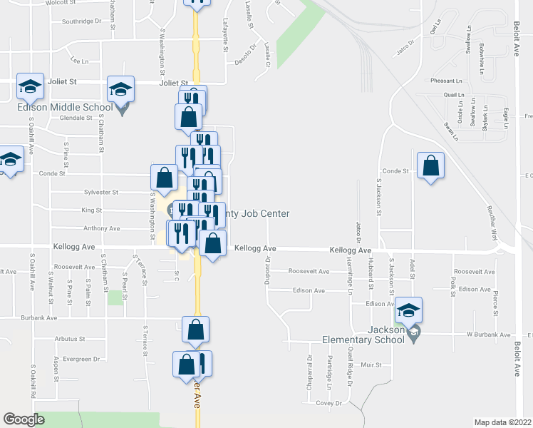 map of restaurants, bars, coffee shops, grocery stores, and more near 1924 Du Pont Drive in Janesville