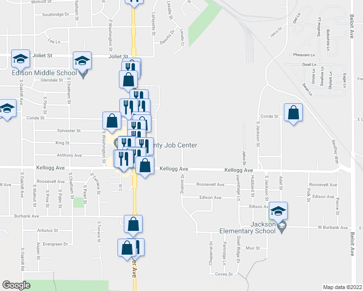 map of restaurants, bars, coffee shops, grocery stores, and more near 1936 Du Pont Drive in Janesville