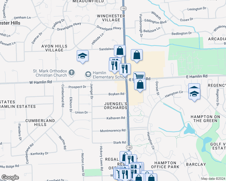 map of restaurants, bars, coffee shops, grocery stores, and more near 92 Boyken Road in Rochester Hills