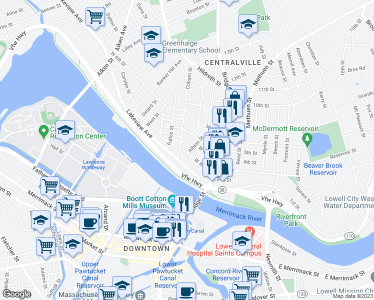 map of restaurants, bars, coffee shops, grocery stores, and more near 79 West 3rd Street in Lowell