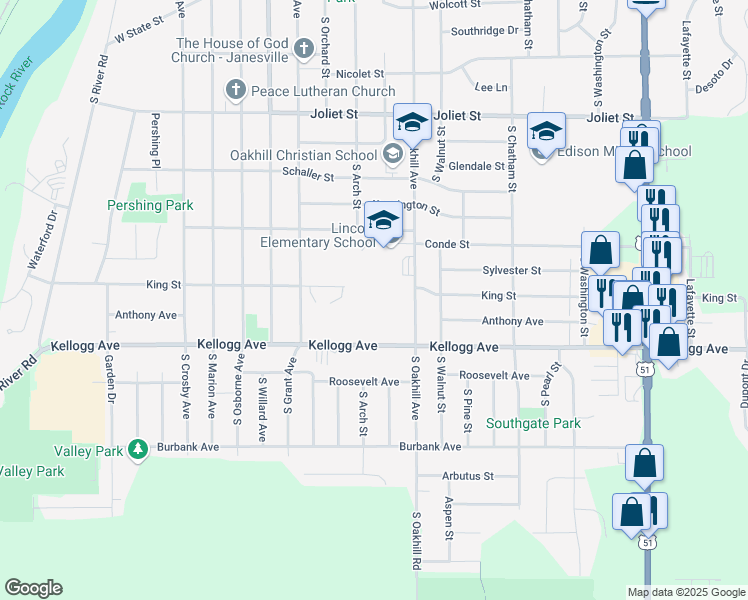 map of restaurants, bars, coffee shops, grocery stores, and more near 2001 King Street in Janesville