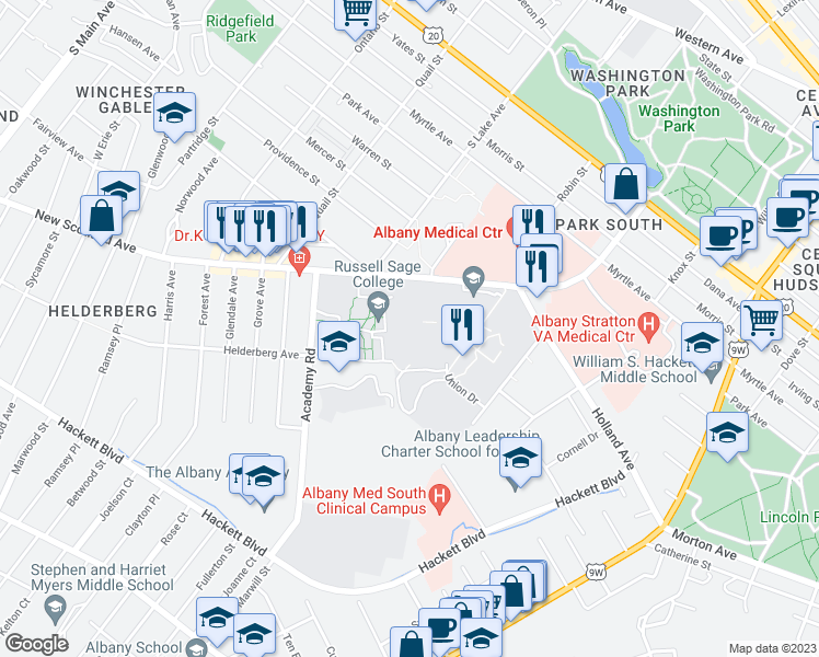 map of restaurants, bars, coffee shops, grocery stores, and more near 130 New Scotland Avenue in Albany