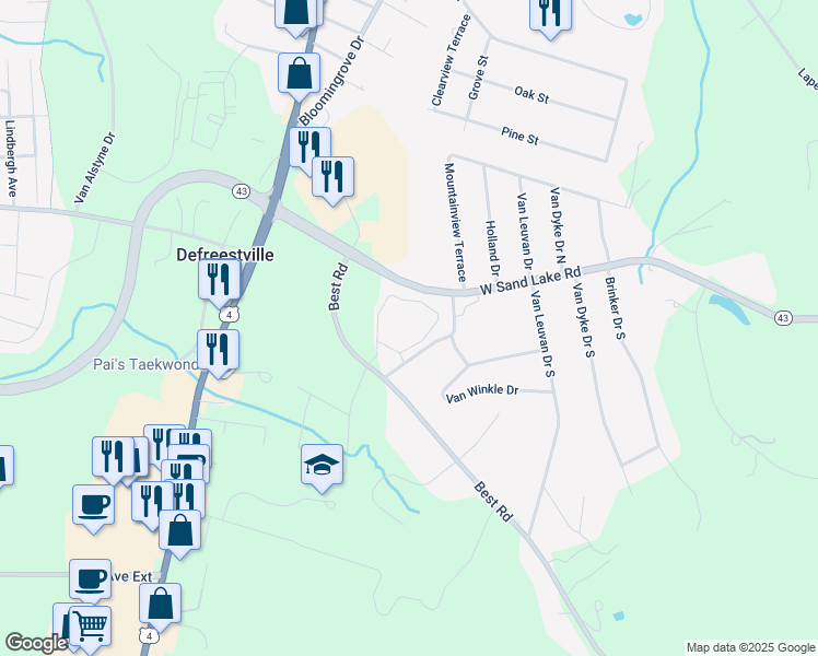 map of restaurants, bars, coffee shops, grocery stores, and more near 1st Street in Rensselaer
