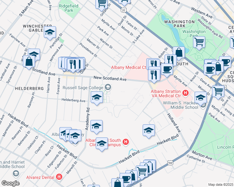 map of restaurants, bars, coffee shops, grocery stores, and more near 130 New Scotland Avenue in Albany