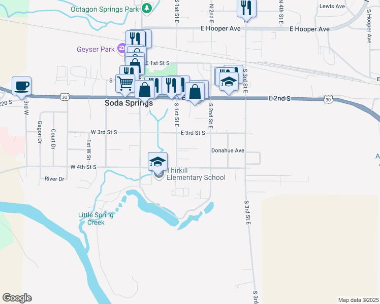 map of restaurants, bars, coffee shops, grocery stores, and more near 121 East 4th Street South in Soda Springs