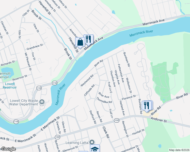 map of restaurants, bars, coffee shops, grocery stores, and more near 24 Roberta Lane in Lowell