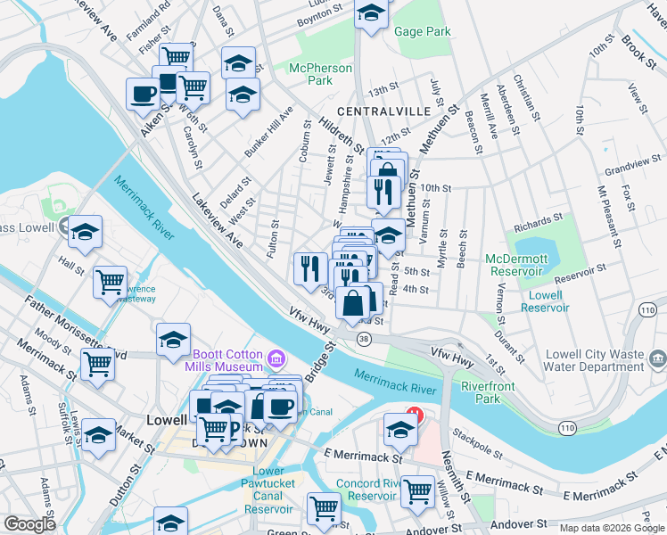 map of restaurants, bars, coffee shops, grocery stores, and more near 415 Bridge Street in Lowell