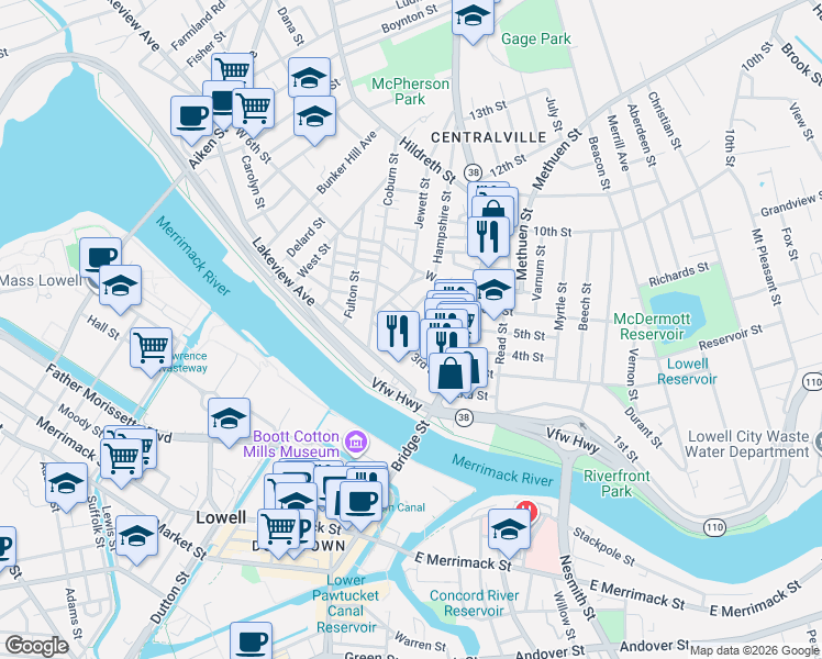 map of restaurants, bars, coffee shops, grocery stores, and more near 55 West 3rd Street in Lowell