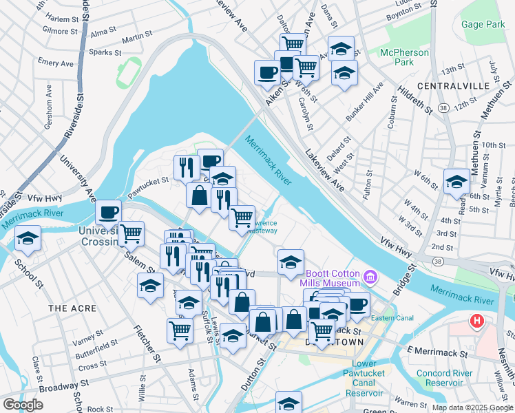 map of restaurants, bars, coffee shops, grocery stores, and more near 720 Suffolk Street in Lowell