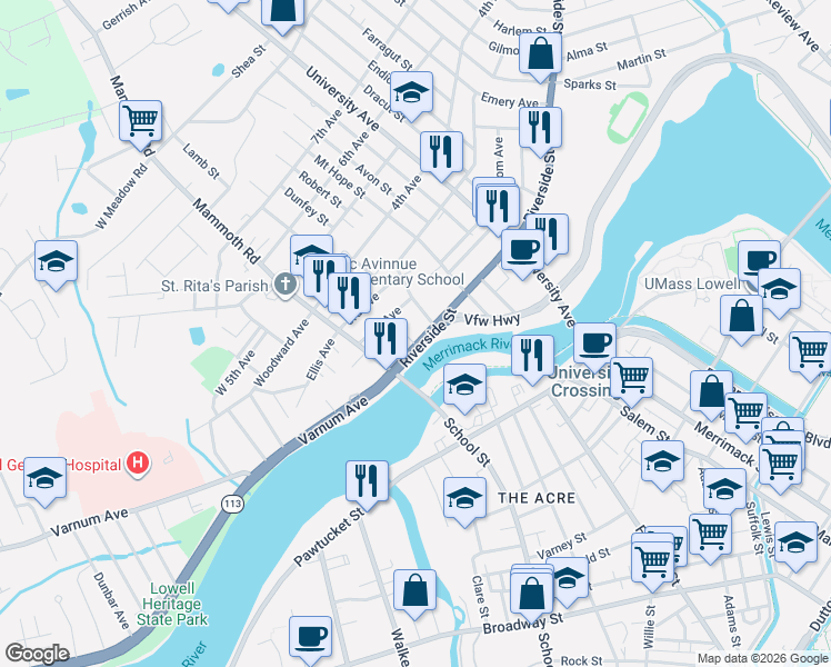 map of restaurants, bars, coffee shops, grocery stores, and more near 30 Riverside Street in Lowell