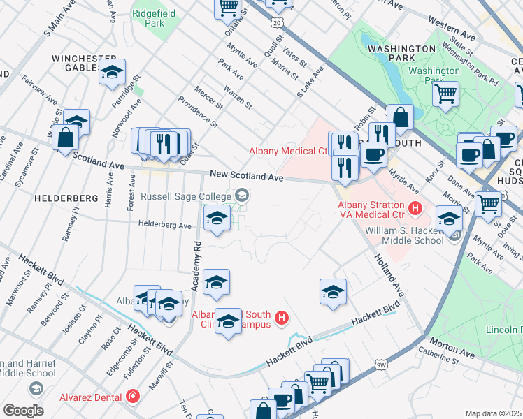 map of restaurants, bars, coffee shops, grocery stores, and more near 130 New Scotland Ave in Albany