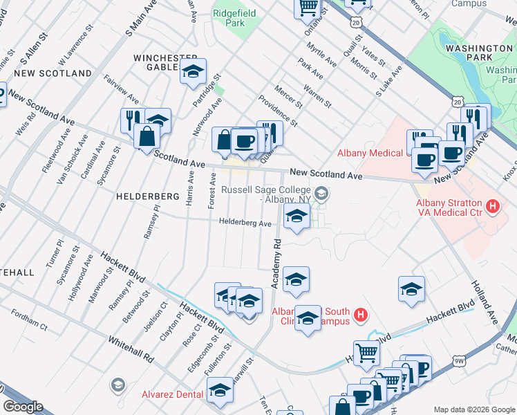 map of restaurants, bars, coffee shops, grocery stores, and more near 37 Lawnridge Avenue in Albany