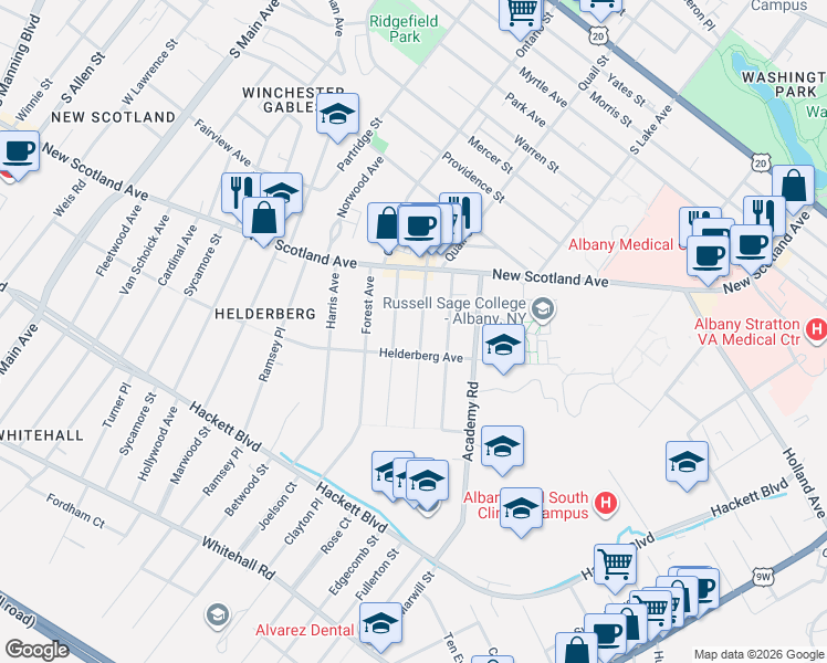 map of restaurants, bars, coffee shops, grocery stores, and more near 40 Glendale Avenue in Albany