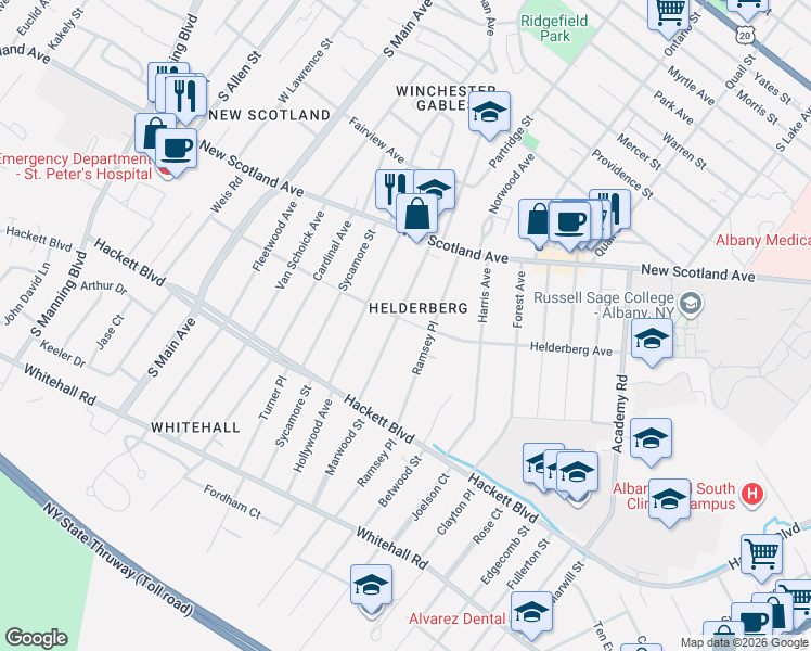 map of restaurants, bars, coffee shops, grocery stores, and more near 54 Pinewood Avenue in Albany