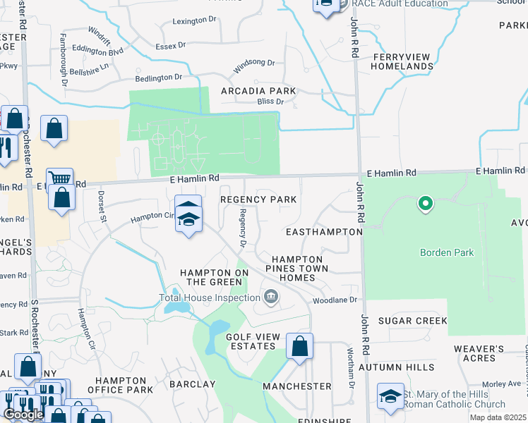 map of restaurants, bars, coffee shops, grocery stores, and more near 2216 London Bridge Drive in Rochester Hills