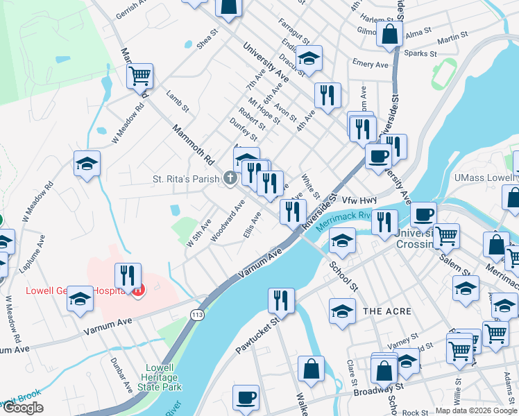 map of restaurants, bars, coffee shops, grocery stores, and more near 9R Coburn Court in Lowell