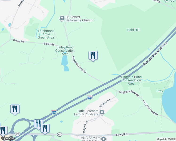 map of restaurants, bars, coffee shops, grocery stores, and more near 141 Haggetts Pond Road in Andover
