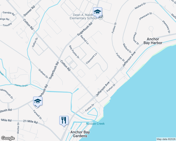 map of restaurants, bars, coffee shops, grocery stores, and more near 29086 Bay Pointe Drive in New Baltimore