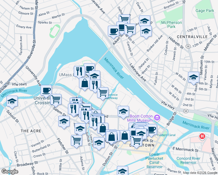 map of restaurants, bars, coffee shops, grocery stores, and more near 720 Suffolk Street in Lowell