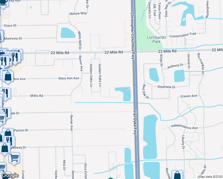 map of restaurants, bars, coffee shops, grocery stores, and more near 48540 Celebrity Woods Court in Macomb County