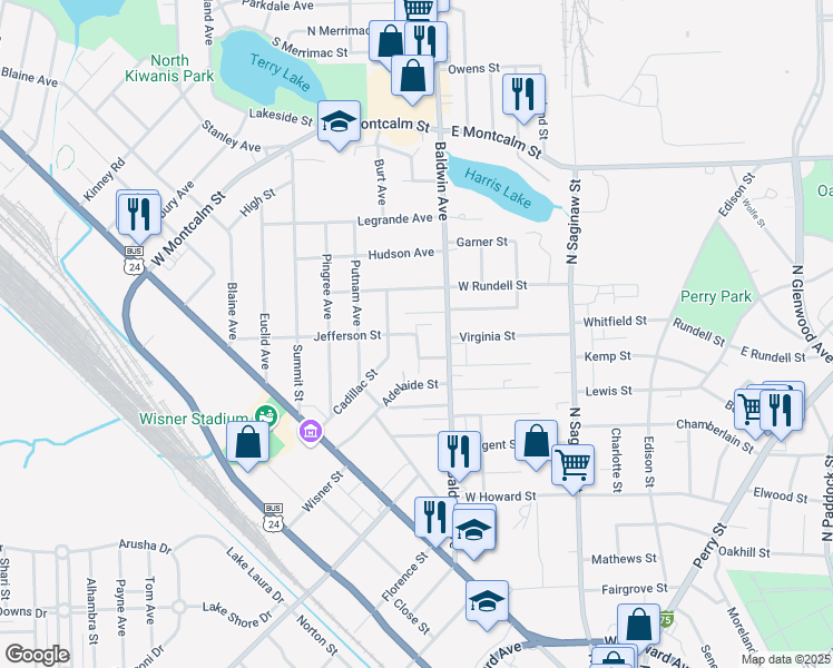 map of restaurants, bars, coffee shops, grocery stores, and more near 14 Jefferson Street in Pontiac