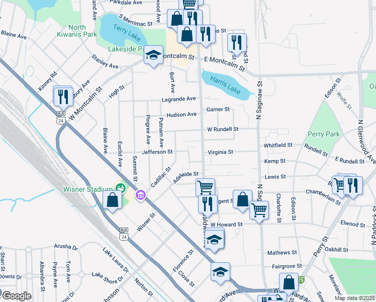map of restaurants, bars, coffee shops, grocery stores, and more near 26 Jefferson Street in Pontiac