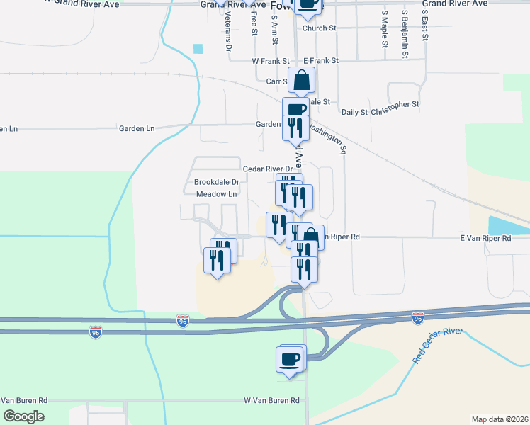map of restaurants, bars, coffee shops, grocery stores, and more near 797 South Hazelnut Street in Fowlerville