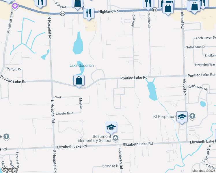 map of restaurants, bars, coffee shops, grocery stores, and more near 343 Lake Meadow Drive in Waterford Township