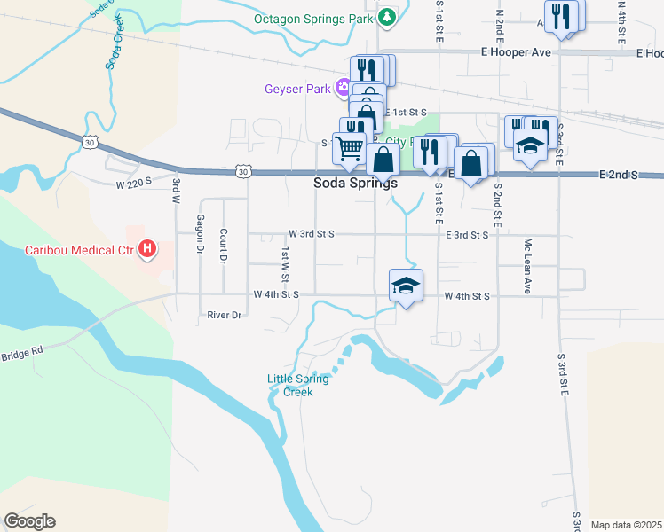 map of restaurants, bars, coffee shops, grocery stores, and more near 351 South 1st Street West in Soda Springs